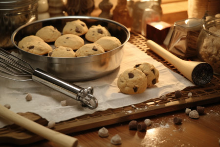 Chocolate chip cookies in metal bowl on wooden table with rolling pinの素材