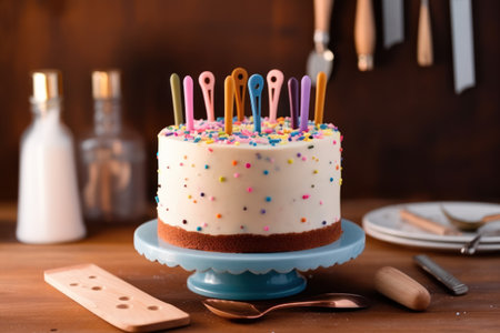 Birthday cake with colorful candles on wooden background. Selective focus.の素材