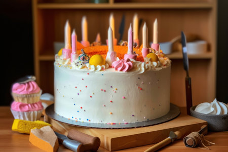 Birthday cake with candles on wooden table in kitchen, closeupの素材