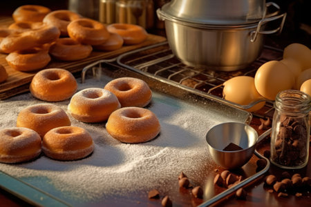 Fresh donuts with icing sugar on a baking sheet. Selective focus.の素材