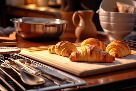 Freshly baked croissants on table in kitchen, closeupの素材