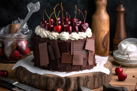 Chocolate cake with cherries and whipped cream on a wooden boardの素材