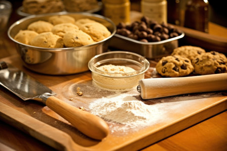 Cookies, flour, rolling pin and kitchen utensils.の素材