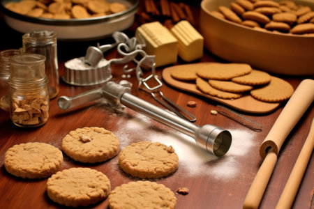 cookies and kitchen utensils on a wooden table with flourの素材