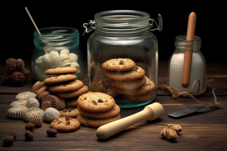 Cookies in a glass jar on a wooden table. Toned.の素材
