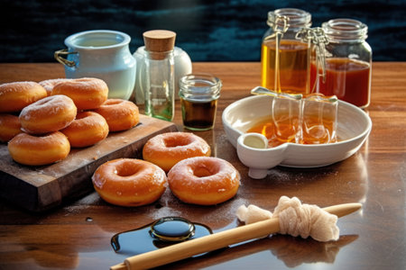 Homemade donuts with sugar and honey on a wooden table.の素材
