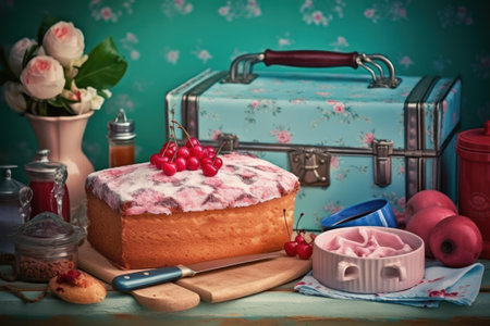 Cake with berries on a turquoise background. Toned.の素材