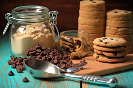 Chocolate chip cookies on a wooden board with a spoon and a jar of cocoa powderの素材