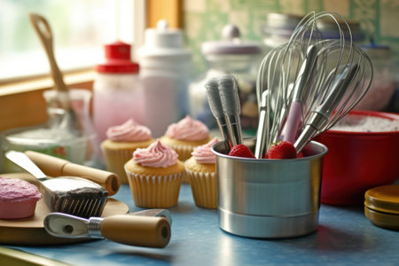 Baking utensils and cupcakes in kitchen, closeupの素材