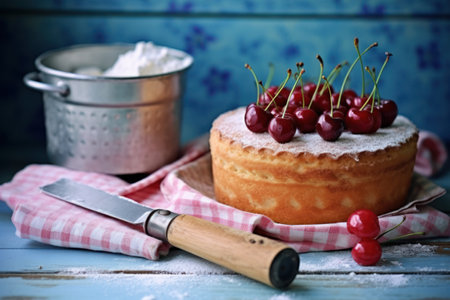 Cake with cherries on a wooden background. tinting. selective focusの素材