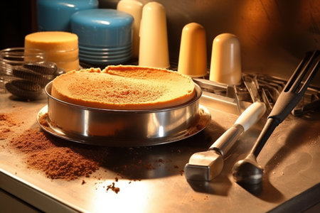 Tasty homemade cake on kitchen table, closeup. Cooking processの素材