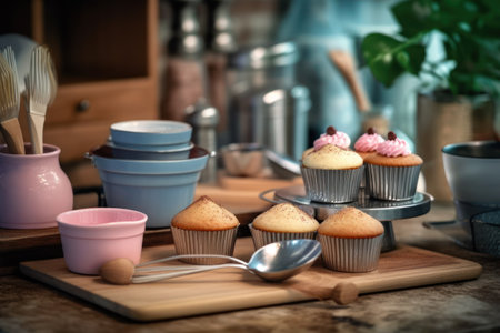 Cupcakes on a wooden table in the kitchen. Toned.の素材
