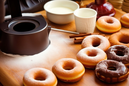 Coffee and donuts on a wooden table. Selective focus.の素材