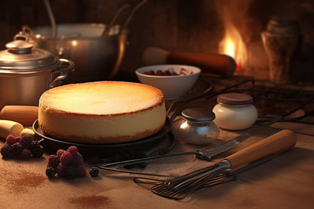 Cheesecake with berries on a wooden table in the kitchen.の素材