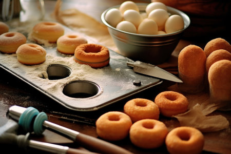 Homemade doughnuts on a baking sheet with flour and rolling pinの素材
