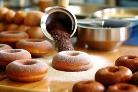Donuts and sugar powder on table in kitchen, close-upの素材