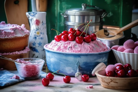 Homemade cherry ice cream with fresh cherries on rustic backgroundの素材