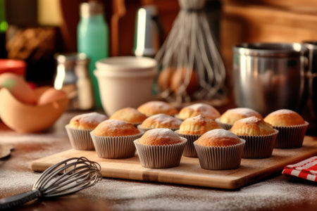 Homemade muffins with icing sugar on wooden table, closeupの素材