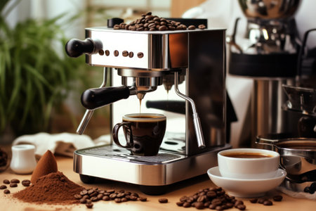 Coffee maker with coffee beans on wooden table, closeupの素材