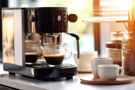 Coffee maker machine with cup of coffee on table in cafeの素材