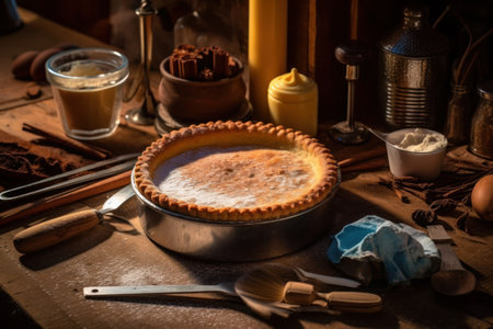 Homemade apple pie on a wooden table in a rustic styleの素材