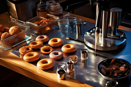 Bagels and other bakery products on the counter of a cafeの素材