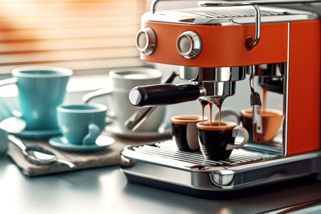 Modern coffee machine with cup of coffee on table close-up.の素材