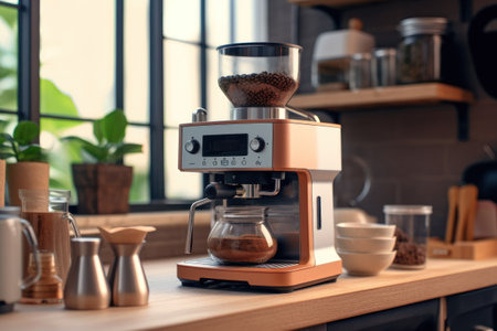 Modern coffee machine on table in cafe, closeup. Space for textの素材