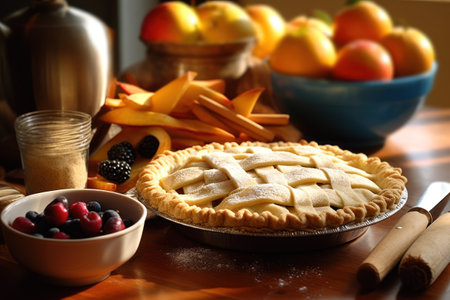 Homemade apple pie with fresh berries on wooden table, closeupの素材