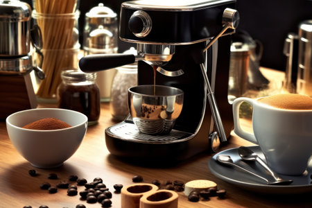 Coffee maker with coffee beans and ground coffee on wooden tableの素材