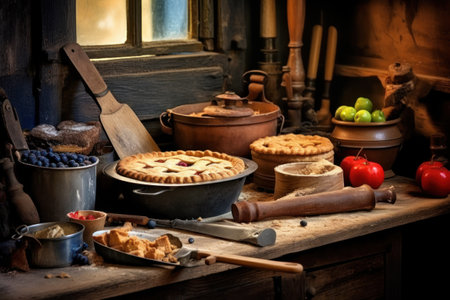 Still life with homemade pie and kitchen utensils on wooden tableの素材