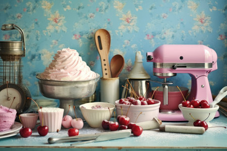 Vintage kitchen utensils and ingredients for homemade cherry ice creamの素材