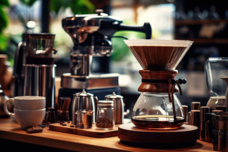 Coffee brewing process. Barista making coffee in cafe.の素材