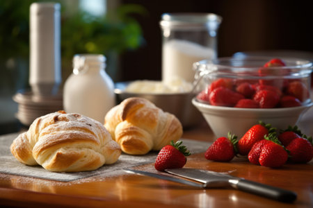 Breakfast with croissants and strawberries on wooden table in kitchenの素材