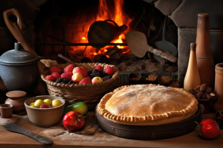Traditional Russian pie with berries in front of a fireplace. Rustic style.の素材