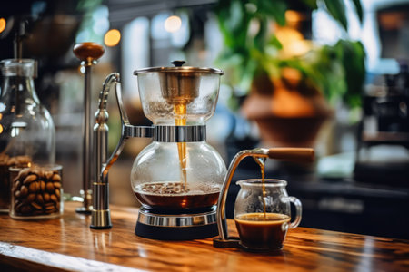 Coffee maker and coffee beans on a wooden table in a cafeの素材