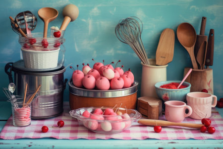 Vintage wooden kitchen utensils and cakes on blue background.の素材