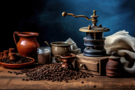Coffee grinder and coffee beans on a wooden table.の素材