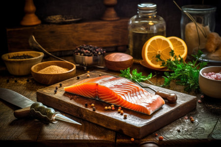 Salmon fillet with spices and herbs on a cutting board.の素材