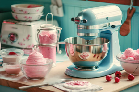 Mixer with cupcakes in the kitchen, retro toned imageの素材