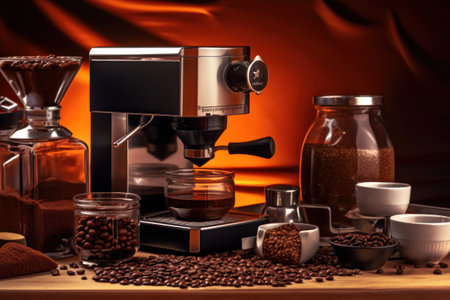 Coffee maker with coffee beans on wooden table and red backgroundの素材