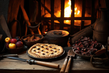 Still life with dates and apple pie in front of a fireplace.の素材