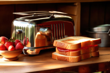Toast with strawberry jam and a toaster on a wooden backgroundの素材
