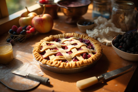 Homemade berry pie with fresh berries and apple on wooden tableの素材