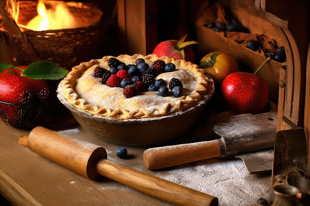 Homemade berry pie with fresh berries and wooden rolling pin on rustic backgroundの素材