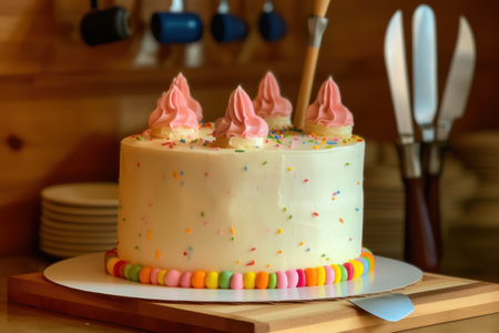 Birthday cake with pink cream and colorful candies on a wooden backgroundの素材