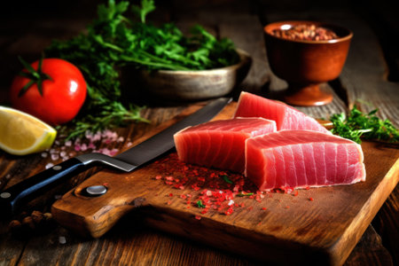 Raw tuna steak on cutting board with herbs and spices on wooden backgroundの素材