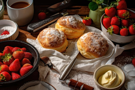 Scones with strawberries and whipped cream on a wooden table.の素材