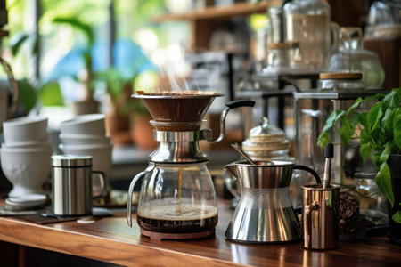Coffee maker and coffee beans on wooden table in coffee shopの素材