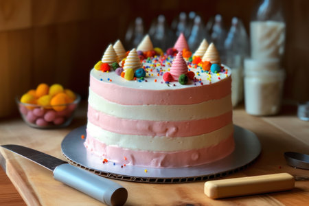 Birthday cake with colorful candies on a wooden table. Selective focusの素材